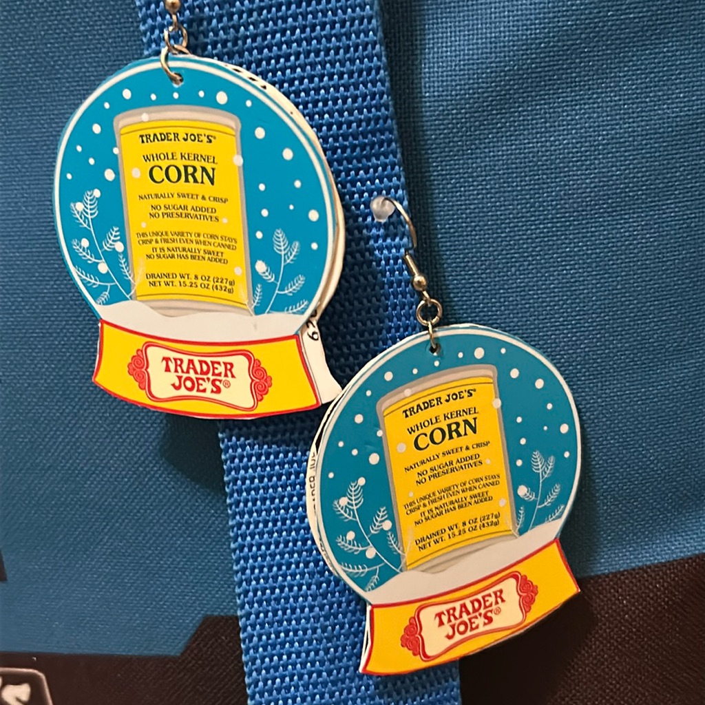 Trader Joes Gift Card Earrings Large Snow Globe Canned Corn 13$